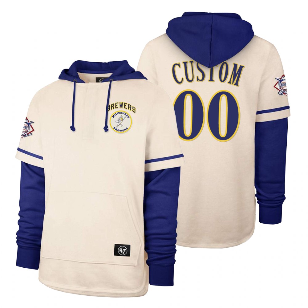 Men Milwaukee Brewers #00 Custom Cream 2021 Pullover Hoodie MLB Jersey